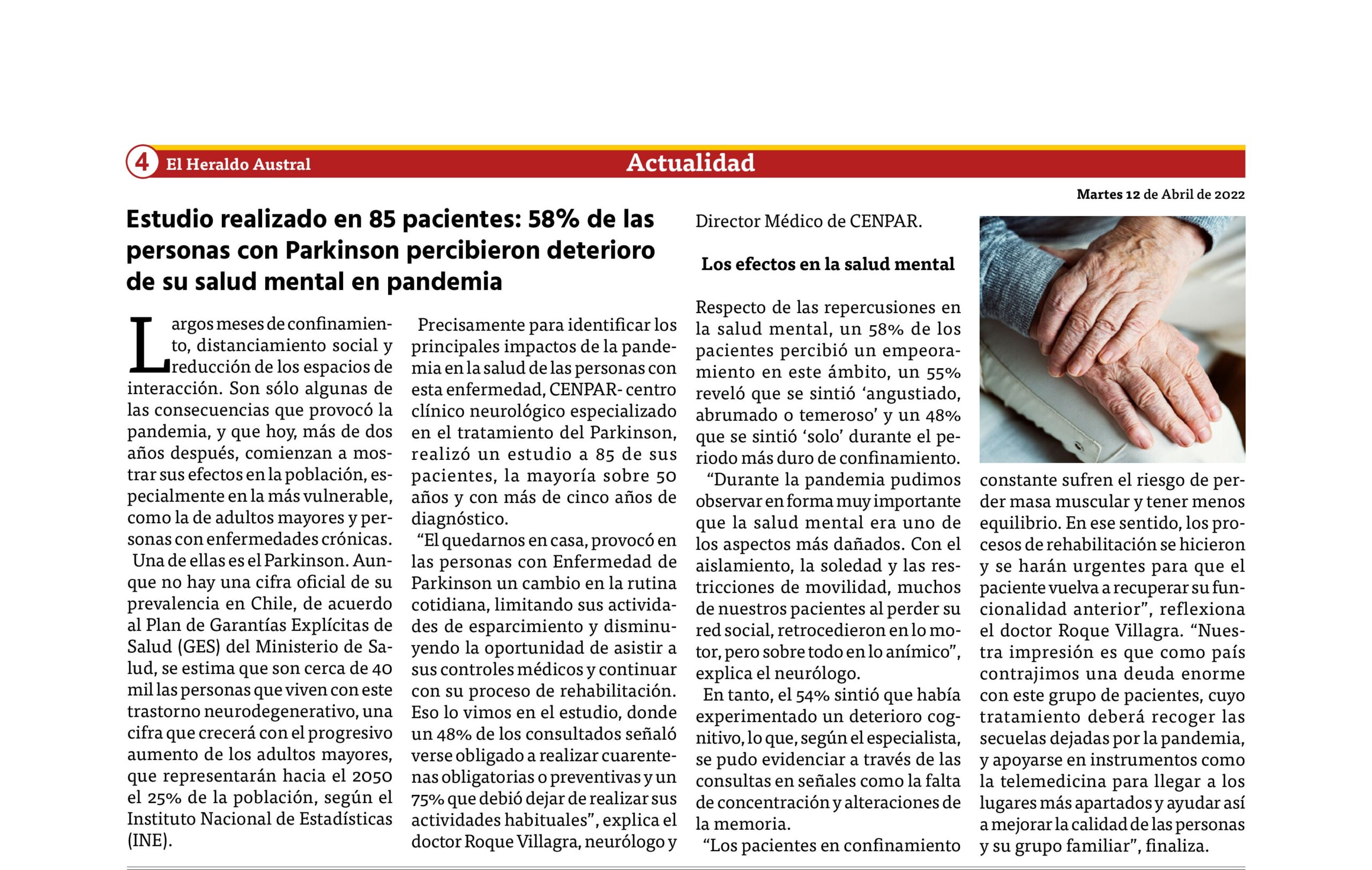 Estudio realizado en 85 pacientes: 58% de las personas con Parkinson percibieron deterioro de su salud mental en pandemia